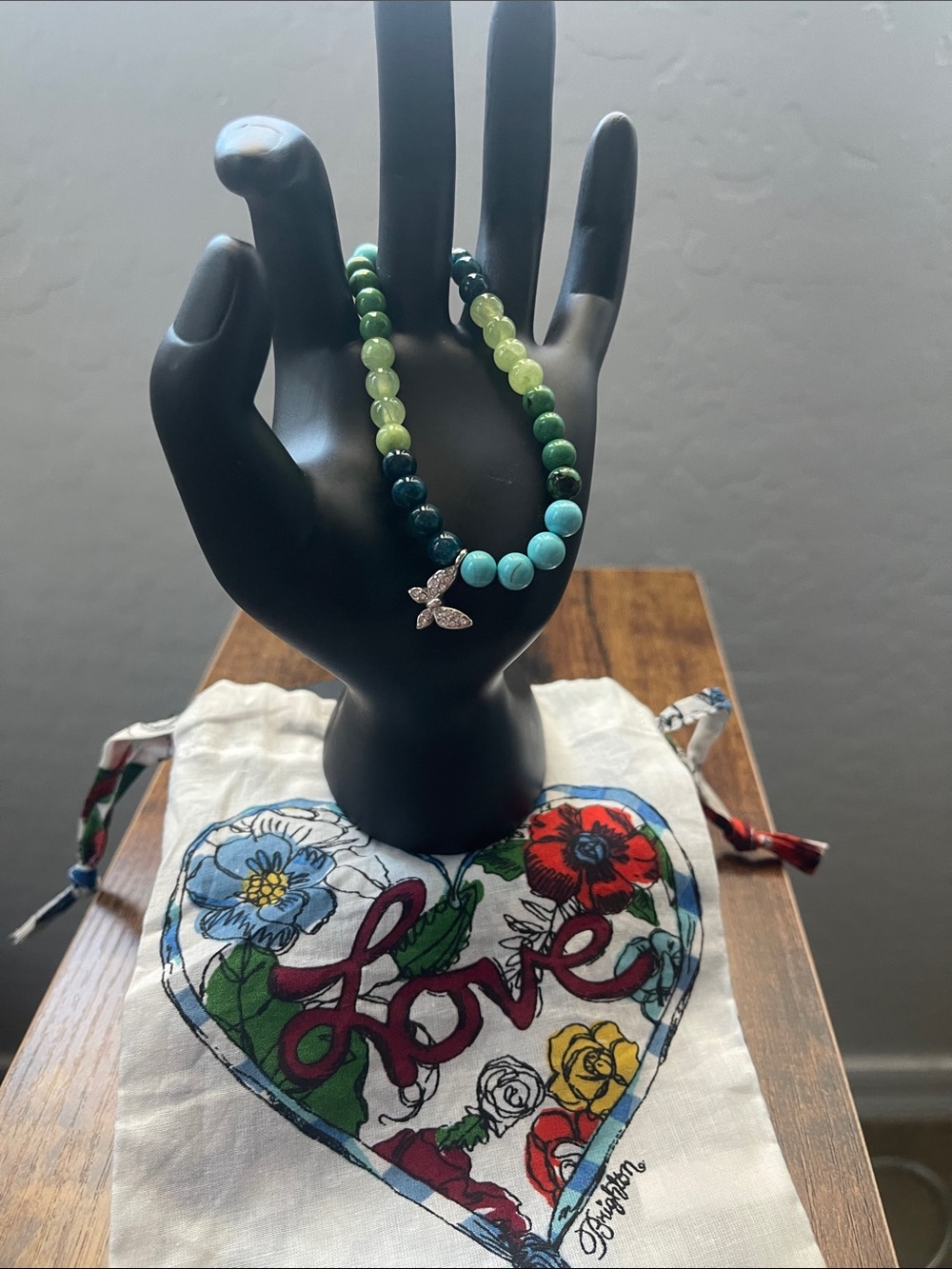 Green and Turquoise Beaded bracelet with butterfly Charm